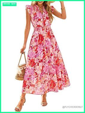 Flutter Sleeve Smocked Waist Maxi Dress Flowy Boho Wedding Guest